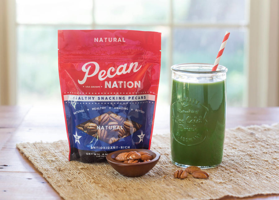 bag of natural pecans and a green smoothie