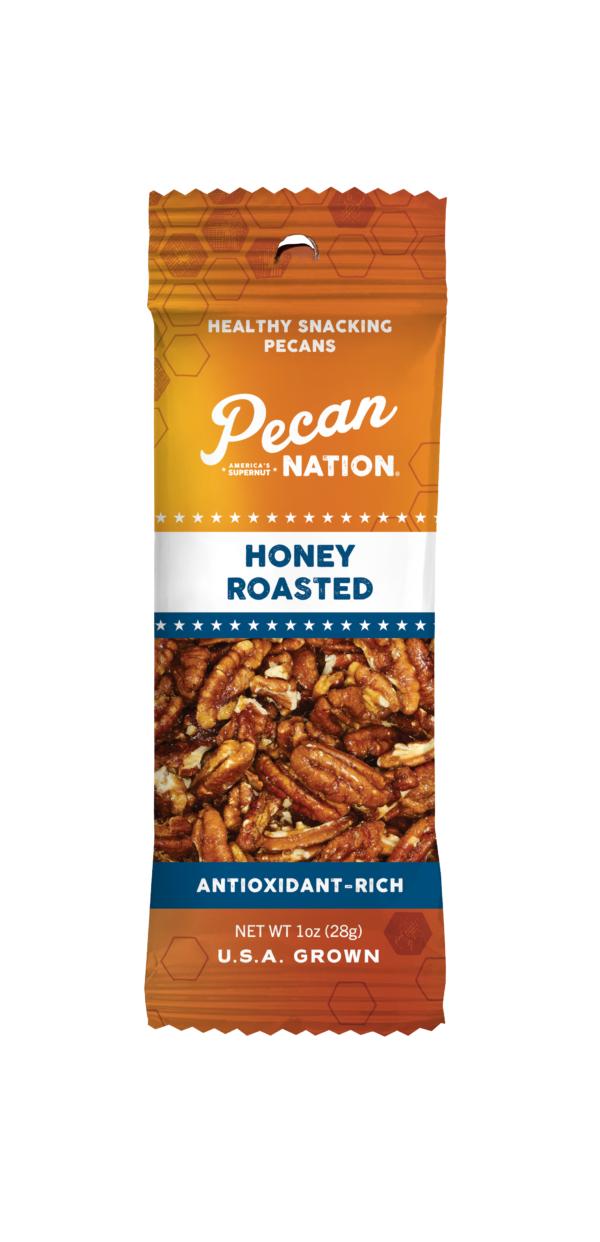 1oz Yellow and Brown Package of Pecan Nation Honey Roasted Pecans