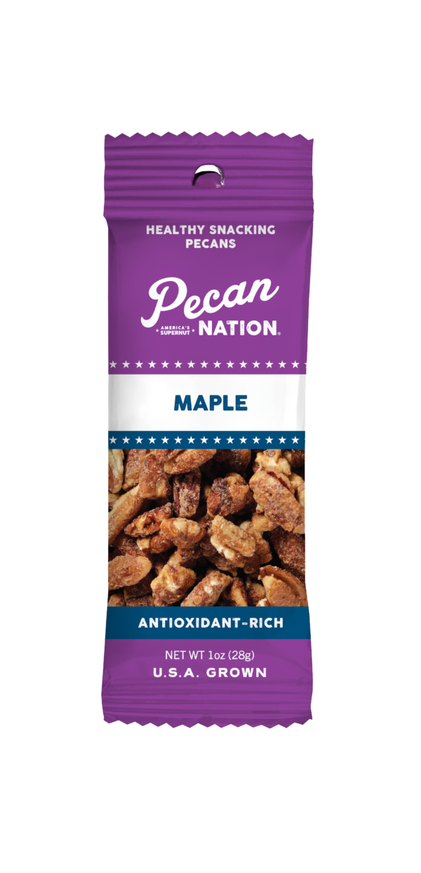 1oz Purple and White Package of Pecan Nation Maple Pecans