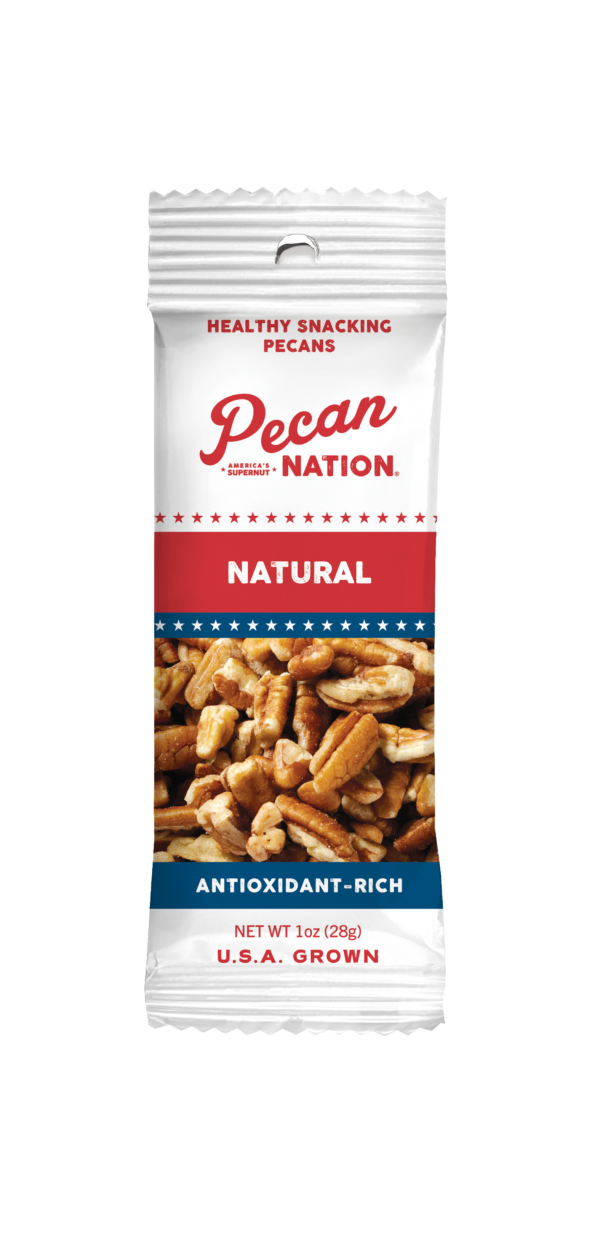 1oz Red and White Package of Natural Pecan Nation Pecans