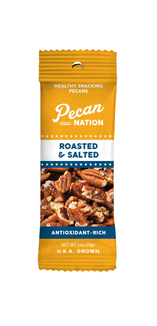 1oz Yellow and Blue Package of Pecan Nation Roasted & Salted Pecans