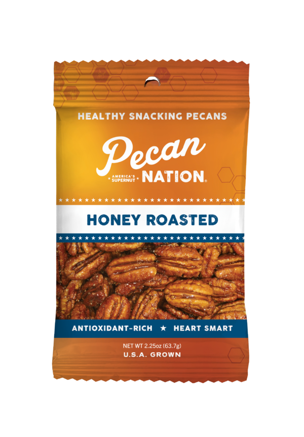 2.25oz Yellow and Brown Package of Pecan Nation Honey Roasted Pecans