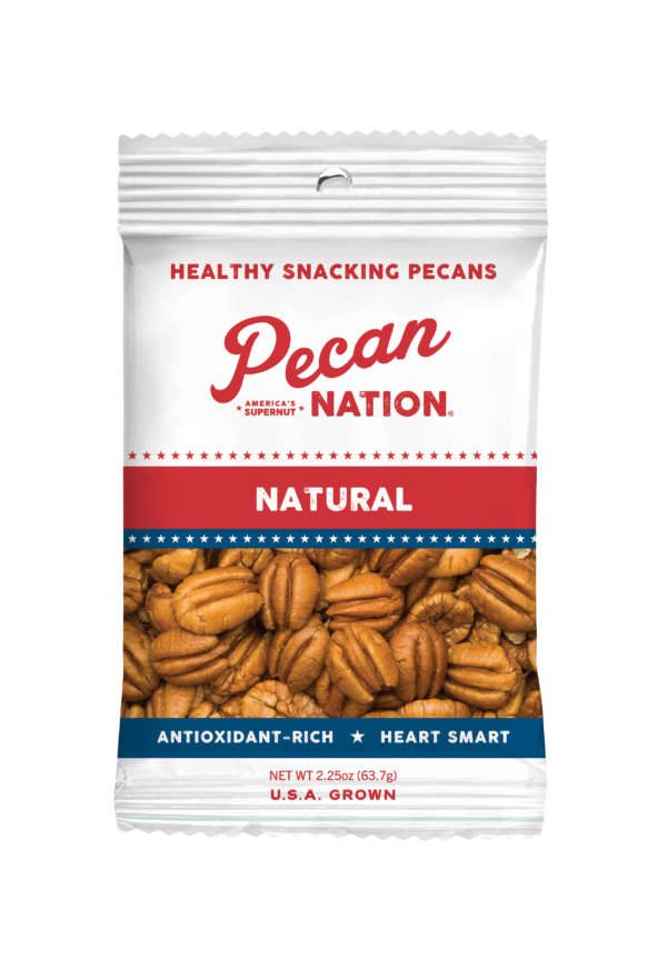 2.25oz Red and White Package of Natural Pecan Nation Pecans