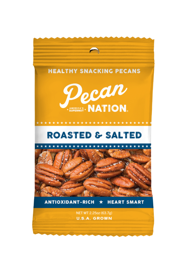 2.25oz Yellow and Blue Package of Pecan Nation Roasted & Salted Pecans