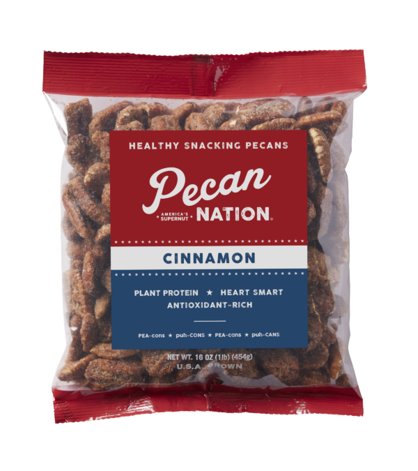 16oz Red and White Package of Pecan Nation Cinnamon Pecans