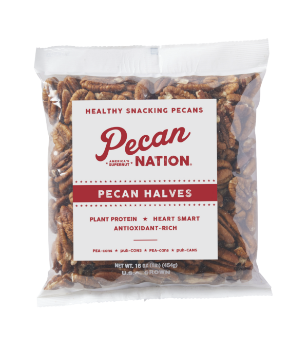16oz Red and White Package of Pecan Nation Pecans Halves