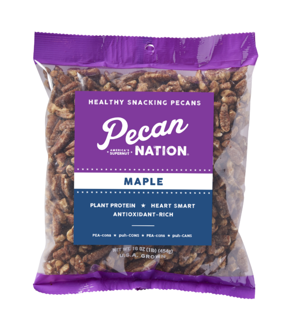 16oz Purple and White Package of Pecan Nation Maple Pecans