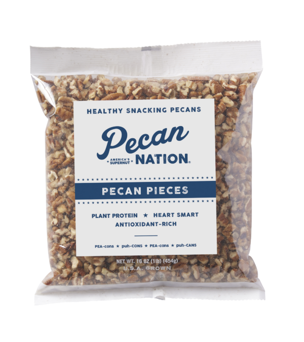 16oz Blue and White Package of Pecan Nation Pecan Pieces
