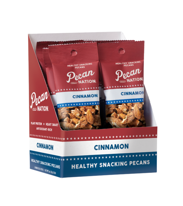 Open Red, White, and Blue Box of Pecan Nation Cinnamon Pecans