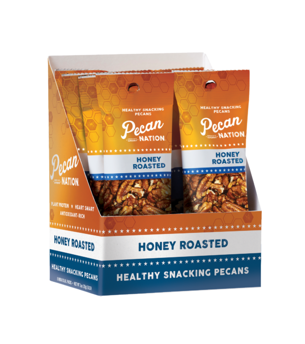 Open Yellow and Brown Box of Pecan Nation Honey Roasted Pecans