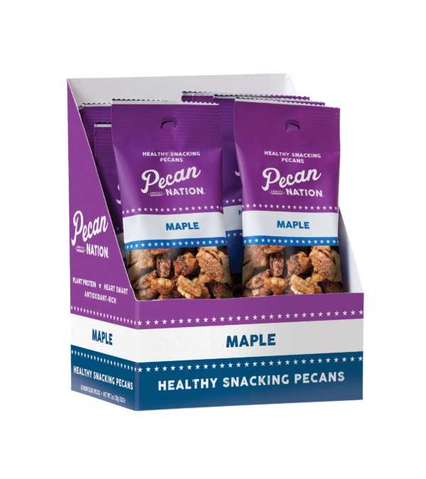 Open Purple and White Box of Pecan Nation Maple Pecans
