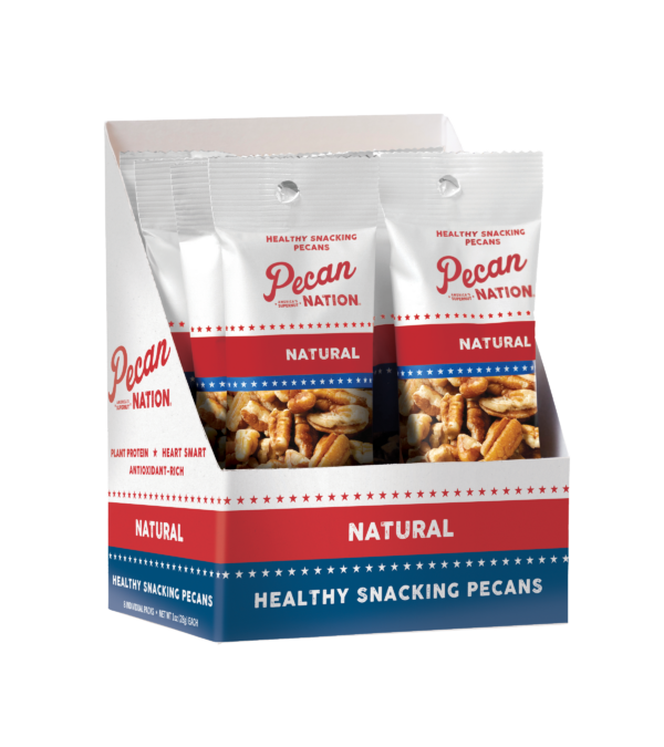 Open Red, White, and Blue Box of Pecan Nation Natural Pecans