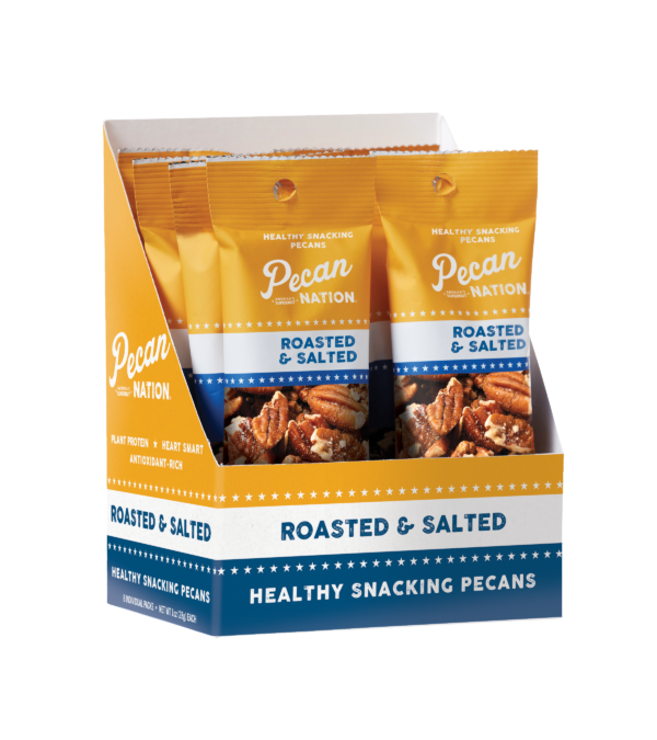 Open Yellow & Blue Box of Pecan Nation Roasted & Salted Pecans