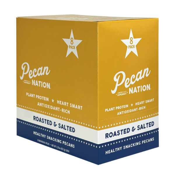 Closed Yellow and Blue Box of Pecan Nation Roasted & Salted Pecans
