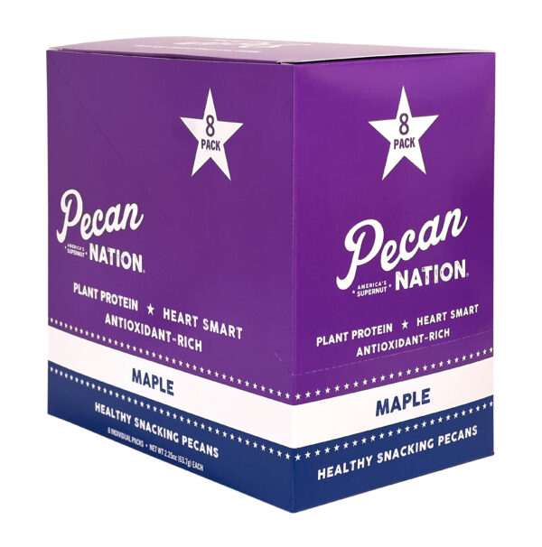 Closed Purple and White Box of Pecan Nation Maple Pecans