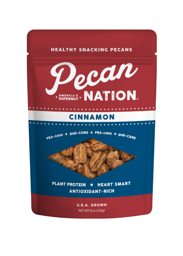 8oz Red and White Package of Pecan Nation Cinnamon Pecans