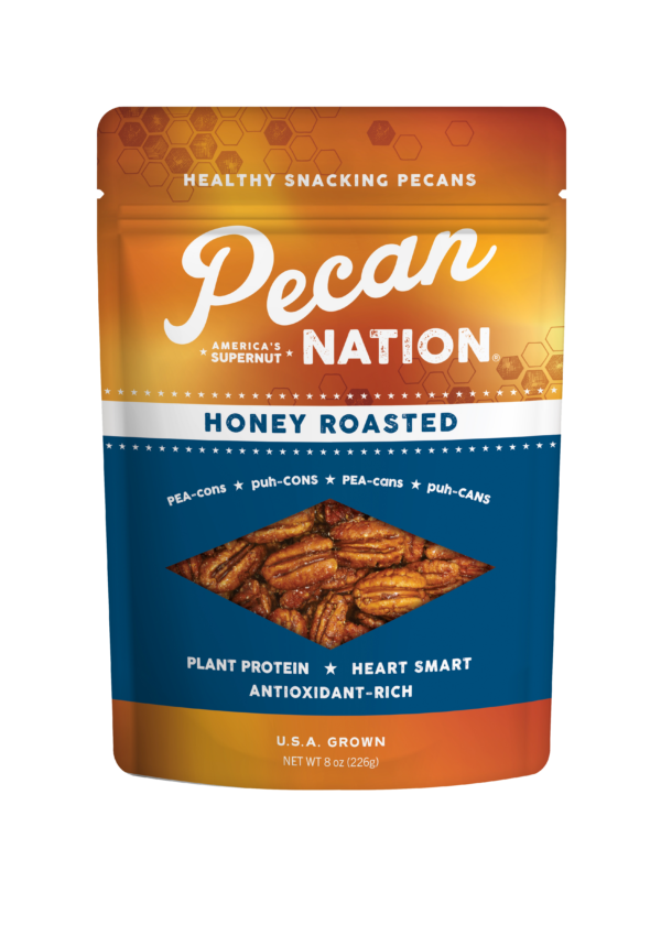 8oz Yellow and Brown Package of Pecan Nation Honey Roasted Pecans