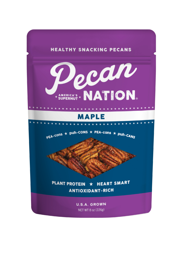8oz Purple and White Package of Pecan Nation Maple Pecans