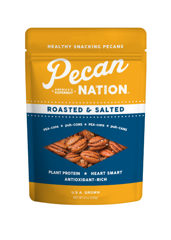 8oz Yellow and Blue Package of Pecan Nation Roasted & Salted Pecans