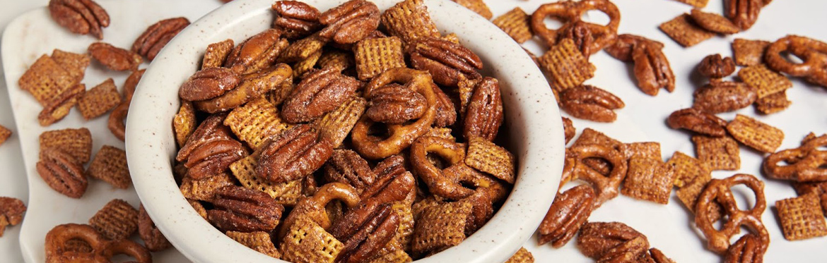 Candied Pecan Snack Mix in White Bowl