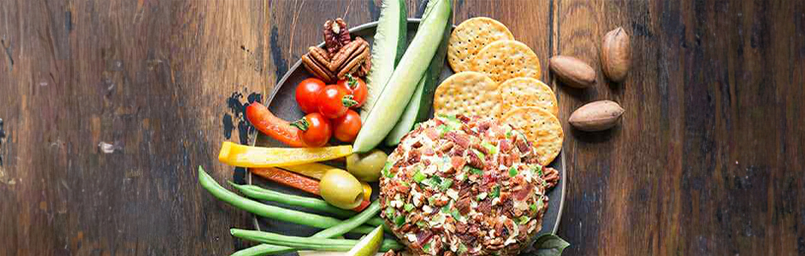 Pecan Crusted Cream Cheese Ball with Peppers and Crackers