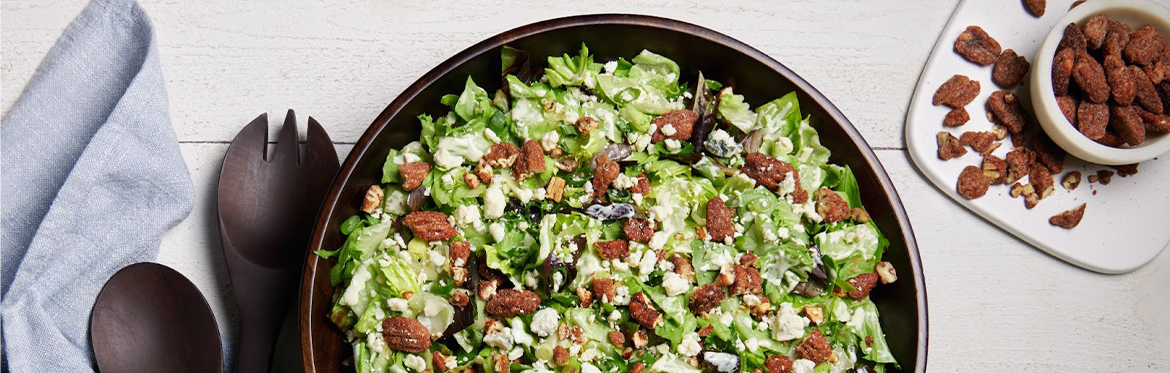 Blue Cheese Pecan Chopped Salad in Brown Bowl