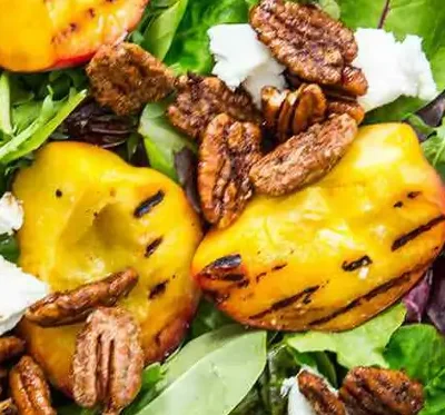 Spiced Pecan Grilled Peach Salad with Goat Cheese
