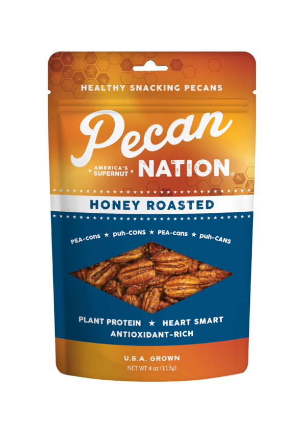 4oz Yellow and Brown Package of Pecan Nation Honey Roasted Pecans