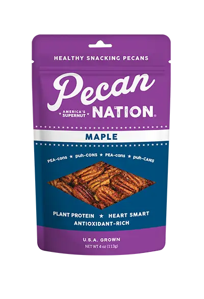 4oz Purple and White Package of Pecan Nation Maple Pecans