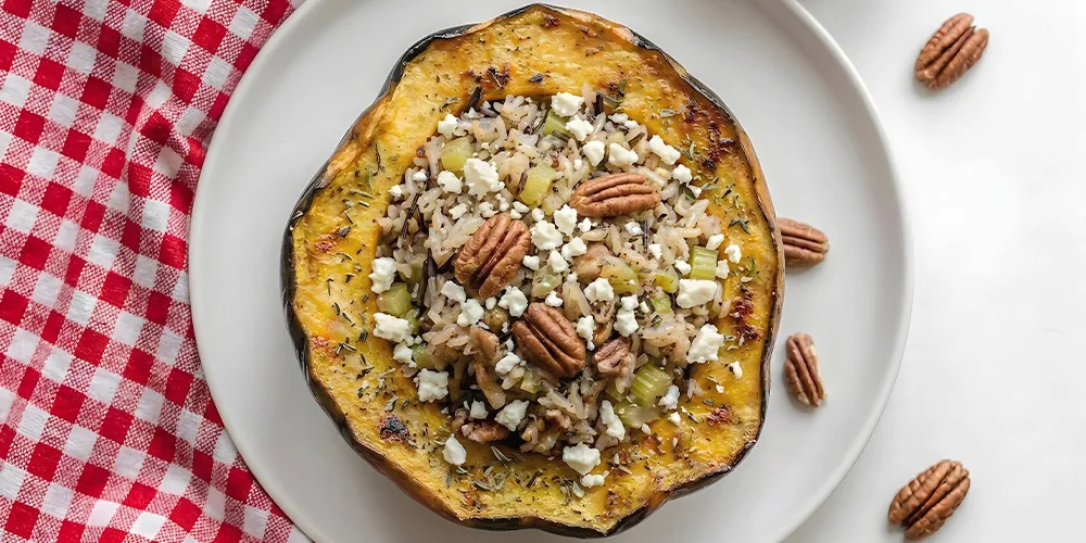 Acorn squash with pecan stuffing on white plate with red checkered tablecloth